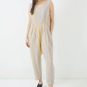 Black Crane striped sleeveless linen jumper jumpsuit romper women’s small tan